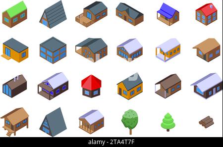 Wooden cabin icons set isometric vector. Wood tree house. Camp small log Stock Vector