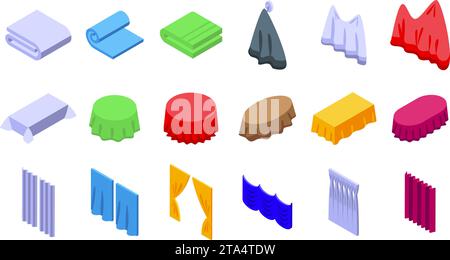 Cloth material with drapery icons set isometric vector. Fiber textile. Fashion cotton Stock Vector