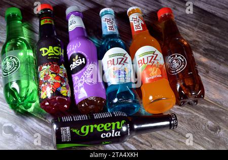 Cairo, Egypt, November 24 2023: variety of soft soda drinks of different types and flavors from different companies, Spiro Spathis, Dash, Buzz, green Stock Photo