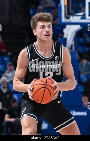 Utah State Guard Mason Falslev (12) Shoots The Ball As San Jose State ...