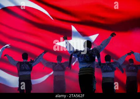 November 23, 2023: Gaziantep, Turkiye, 23 November 2023. Traditional folkloric dancing is performed during the official opening of the 'Second Gazi Games'' in the southern Turkish city of Gaziantep. The ceremony was attended by the Turkish Minister of Youths and Sports Osman AÅŸkÄ±n Bak, in addition to local politicians and dignitaries. The Gazi Games have been organized in coordination with the Gaziantep Governorate and the Greater Gaziantep Municipality, as well as with the Directorate of Youth and Sports and the Directorate of National Education of the governorate (Credit Image: © Muhamm Stock Photo