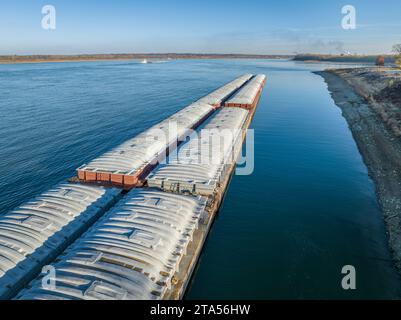 barges on the Ohio River at confluence with the Mississippi below Cairo, IL, November aerial view Stock Photo