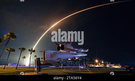 Cape Canaveral, United States. 15th July, 2023. A SpaceX Falcon 9 rocket launches 54 of its Starlink satellites at 11:50 PM from Complex 40 at the Cape Canaveral Space Force Station, Florida, on Saturday, July 15, 2023. Photo by Joe Marino/UPI Credit: UPI/Alamy Live News Stock Photo