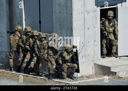 Takashima, Japan. 28th Feb, 2023. Members of Japan Ground Self-Defense Force and Indian Army's soldiers take part in the joint exercise 'Dharma Guardian 22' at Aibano Maneuver Area in Shiga-Prefecture, Japan on Tuesday, February 28, 2023. Photo by Keizo Mori/UPI Credit: UPI/Alamy Live News Stock Photo