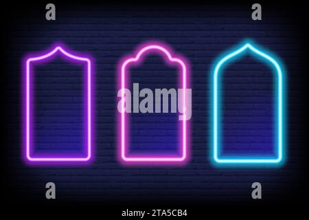 Ramadan islamic frame. Vector neon arch shape on dark background. Muslim door and window. Arabian bright template set. Stock Vector