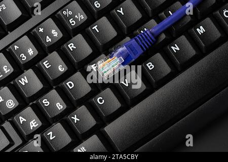 Computer keyboard with network cable close up Stock Photo