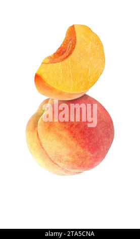 hanging, falling, hovering and flying whole and sliced peach isolated on white background with clipping path Stock Photo