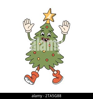 Groovy Christmas tree character. Retro groovy cartoon character in doodle style. Vector illustration isolated on white. Stock Vector