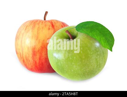 whole red and green apple with leaf isolated on white background with clipping path Stock Photo
