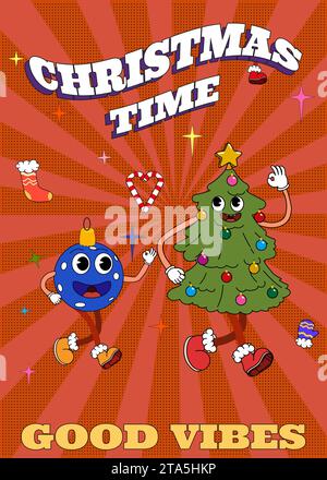 Poster Groovy hippie Christmas. Christmas Tree and Blue Ball in trendy retro cartoon style Stock Vector