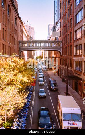 Skybridge or sky bridge photographed from the High Line, Chelsea Market, Chelsea, Manhattan, New York City, United States of America. Stock Photo