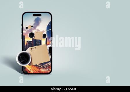 Creative autopilot delivery boxes with turbines flying from a creative smartphone, concept. Delivery and online orders, creative idea. In-app purchase Stock Photo