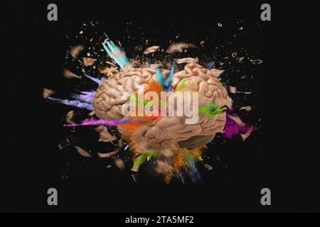 Creative brain explodes with debris, colored splashes of paint on a black background, concept idea. Think differently. Intelligence, concept. Braystor Stock Photo