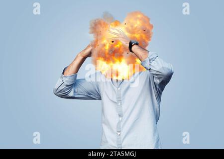 Creative business man with head explosion, creative idea. Stressed, angry and irritated, concept. Bad mood. Panic and investment. Boss Stock Photo