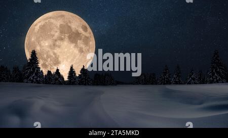 Amazing beautiful big moon in the night sky with stars and winter forest with snow. Winter holidays and night landscape.Christmas night Stock Photo