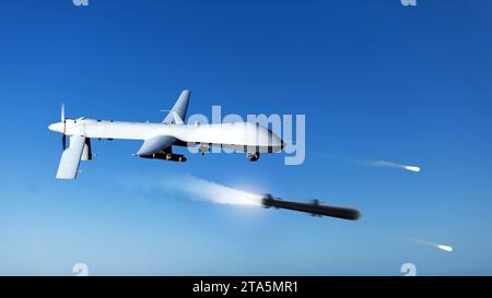 Combat drone flies high in the sky and shoots missiles, concept. Modern warfare and drones. Attack and danger. Rocket Stock Photo