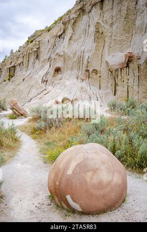 Large Spherical Boulder Rocks Also Known as Concretions at Theodore Roosevelt National Park in North Dakota Stock Photo