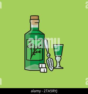 Absinthe alcohol liquor bottle on green splash background, vector bar drink  banner. Absinthe transparent glass bottle with green spill or drops flow,  alcohol liquor brand or product advertising poster Stock Vector Image