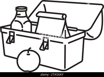 Lunchbox with milk, paperbag and apple isolated vector line icon for Pack Your Lunch Day on March 10 Stock Vector