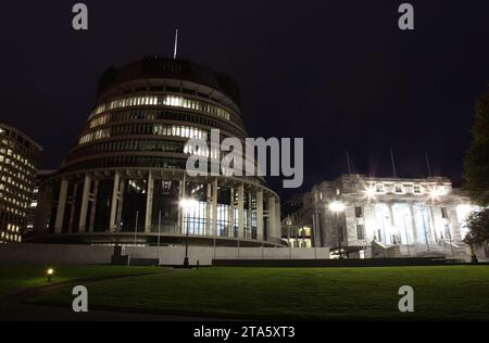 This building is the New Zealand Parliament Building located in Wellington on the North Island. It is referred to as the beehive. Stock Photo