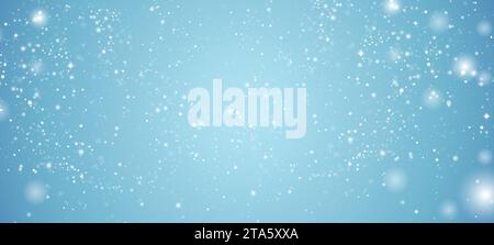 Winter dust ice particles. Snowfall weather white blue background.  Snow hurricane scenery. Blue background. Winter background with empty copy space. Stock Vector