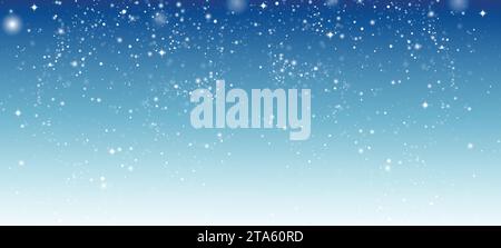 Winter dust ice particles. Snowfall weather white blue background.  Snow hurricane scenery. Blue background. Winter background with empty copy space. Stock Vector