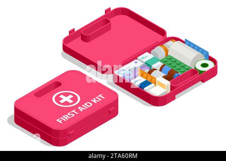 Isometric open first aid kit box with medical equipment and medications for emergency Stock Vector