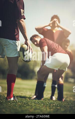 Effective Handball Rugby Rugby, men and huddle of team with hand pile, motivation and pride in ...