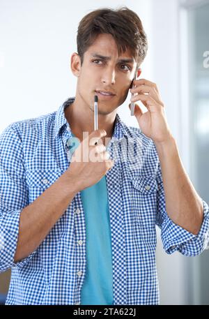 Man, phone call and conversation on technology, talking and networking or connection, mobile and chat. Indian male person, smartphone and discussion Stock Photo