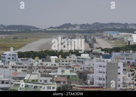 Tokyo. 25th Nov, 2023. This file photo taken on Nov. 25, 2023 shows Osprey military transport aircrafts at a U.S. base in Okinawa, Japan. A U.S. Osprey military transport aircraft carrying eight people crashed off Japan's southwestern island of Yakushima in Kagoshima Prefecture on Wednesday, local media reported. Credit: Feng Wuyong/Xinhua/Alamy Live News Stock Photo