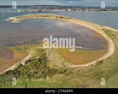 Aerial view of the estuary of the River Exe, looking towards Exmouth, and seen from above Dawlish Warren, Devon, Great Britain. Stock Photo