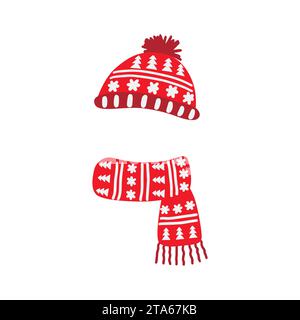 Winter hat cap with snowflake and pompom red scarf flat design Stock Vector