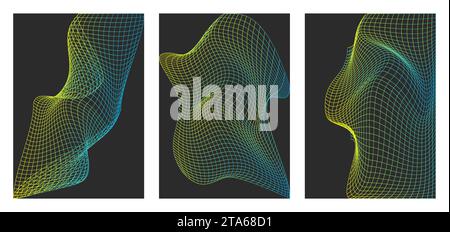 Brutalist abstract Geometric Gradient Grids. Primitive Retrofuturism Poster set. Wireframe Perspective Landscape in Neon Green and Yellow Colors. Polygonal 3d Surface, Vector Illustration. Stock Vector
