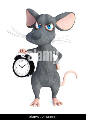 3D rendering of cute grumpy cartoon mouse holding a big old style alarm clock and looking angry or irritated. White background. Stock Photo