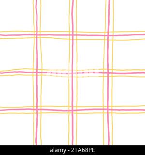 Doodle Gingham Check Plaid Vector Pattern. Vertical and horizontal hand drawn crossing colored stripes. Chequered geometrical background. Cottagecore Stock Vector