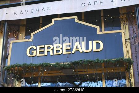 Sign outside Cafe Gerbeaud, Vorosmarty ter, Vorosmarty Square, Budapest, Hungary Stock Photo