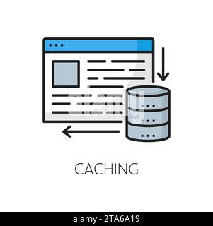 Caching. CDN. Content delivery network icon, website technology thin line sign, blog portal content delivery, upload and update service, CDN outline vector symbol or pictogram with webpage Stock Vector