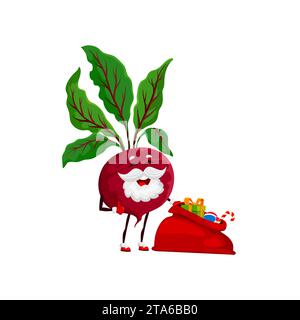 Cartoon Christmas beet Santa with gifts bag, winter holiday vector vegetable character. Funny beetroot or radish Santa with beard and New Year sack of gift boxes and candy canes for Christmas Stock Vector