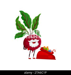 Cartoon Christmas beet Santa with gifts bag, winter holiday vector vegetable character. Funny beetroot or radish Santa with beard and New Year sack of gift boxes and candy canes for Christmas Stock Vector