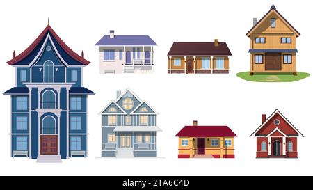 Set of colored mansion and private houses isolated on white background ...
