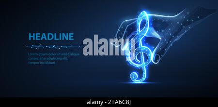 Clef treble in digital hand on blue. AI generated music, digital music Stock Vector