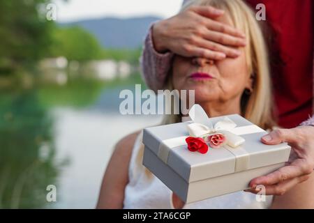closeup of surprised woman receiving a gift from her girlfriend on valentines day Stock Photo