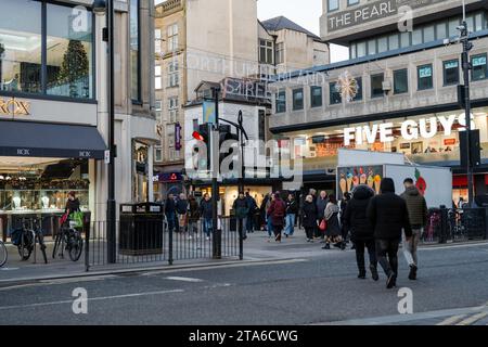 Sign at Northumberland Street, Newcastle upon Tyne, UK with the name in lights during Christmas shopping season. Economy concept. Stock Photo