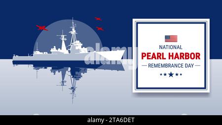 National Pearl Harbor Remembrance Day concept. Template for background, banner, card, poster with Pearl Harbor attack illustration, battleship, airpla Stock Vector