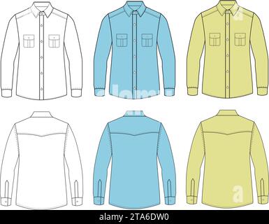 Men long sleeves pajama shirt flat sketch illustration templet vector drawing mock up design Stock Vector