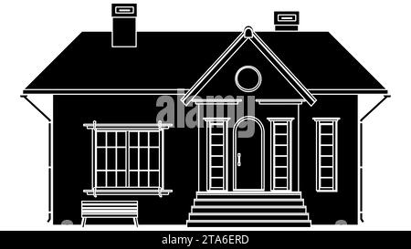 Black silhouette of one-story house with porch and benches isolated on white background. Vector clipart. Stock Photo