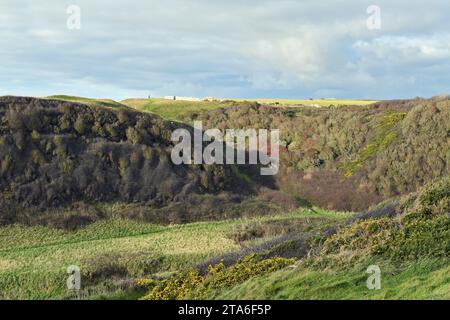 Coast at Nash Point on the Glamorgan Heritage Coast in the Vale of Glamorgan South Wales on a slightly sunny and overcast day with the valley below Stock Photo