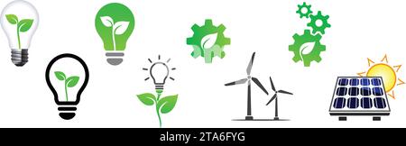 simple green renewable energy power icons set light bulb globe with seedling leaves solar wind generator concept vector on transparent background Stock Vector
