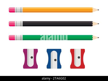 Pencil and sharpener set isolated on white background, Vector illustration Stock Vector