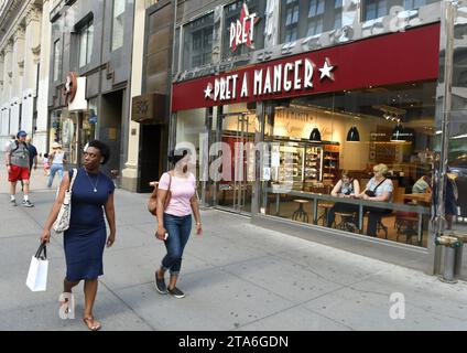 New York, USA - May 26, 2018: People pass near Pret A Manger  in New York. Stock Photo